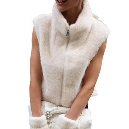 Faux Fur Stand Collar Sleeveless Top Cardigan Solid Color Zipper Vest Women's Vest