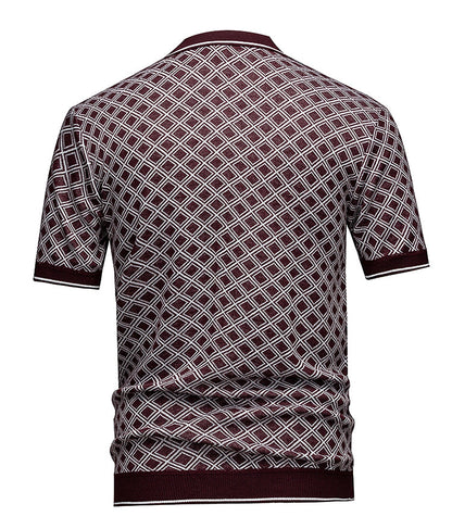 Men's Short Sleeve Knit Polo Shirt, Burgundy Diamond Geometric Jacquard, Smart Casual Retro Style, Breathable Knitted Top