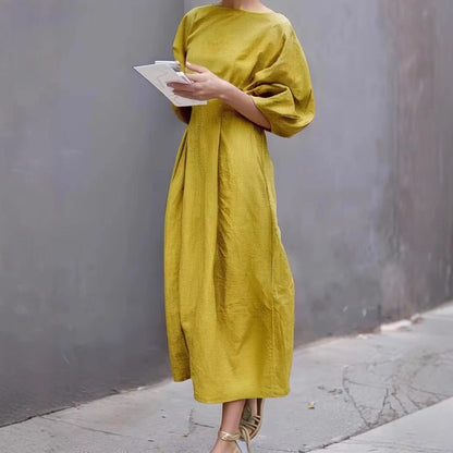 Casual Long Dress With A Round Neck And Bubble Sleeves