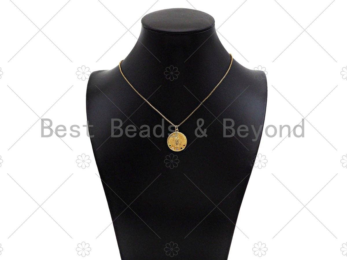Colorful CZ Micro Pave Virgin Mary On Round Coin Shape Pendant,18K Dainty Gold Medallion Charm, Necklace Bracelet Charm,19x21mm,Sku#JL45