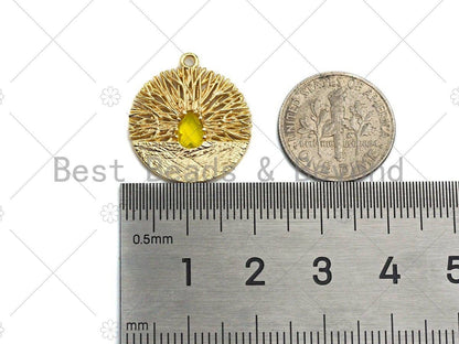 Filigree Round Gold Lacy Charm with Centered Colored Gemstone, Brushed Gold Charm, Twisted Wire Pendant, 19mm, sku#CP15