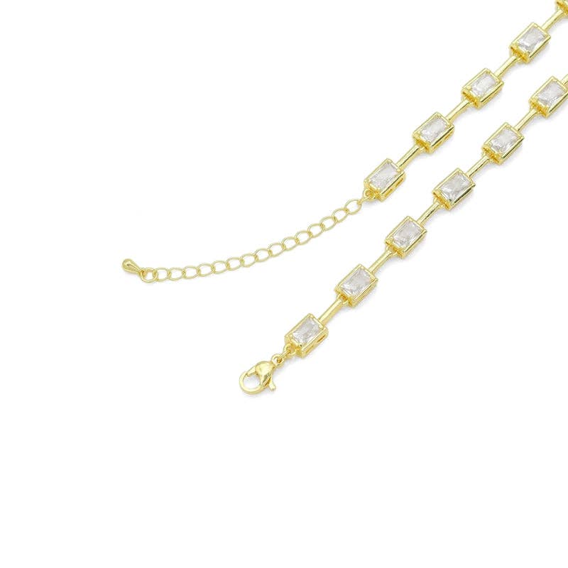 Rectangle CZ Gold Silver Y Shape Chain Necklace, Sku#A350