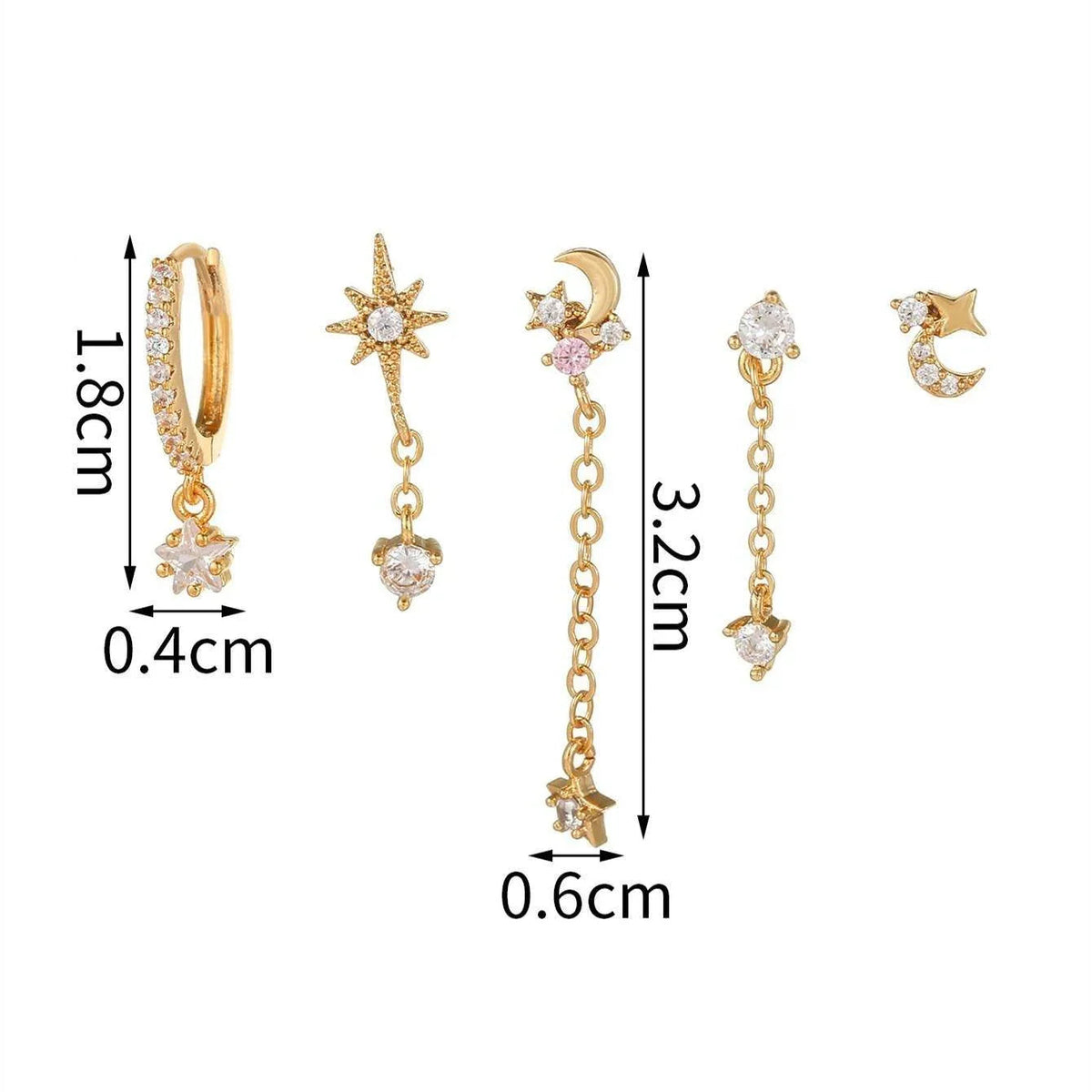Stacking 5 Pieces Eight-Pointed Star Earrings Set, 18k Gold Plated Ear Studs & Ear Drops, Stacked Lobe Design with Dazzling Zircon Stones