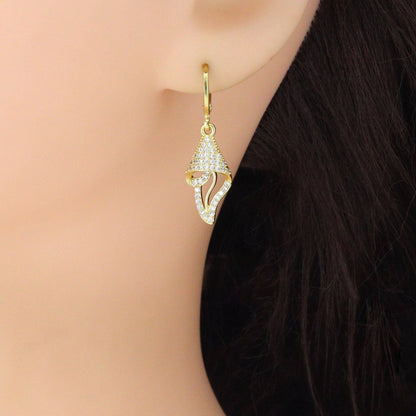 Clear CZ Shell Flower Snail Dangle Earrings, Sku#A463