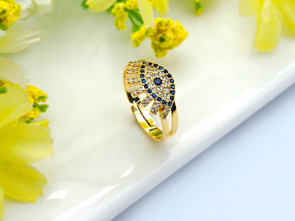 CZ Evil Eye With Long Eyelash Adjustable Ring, SKu#X14