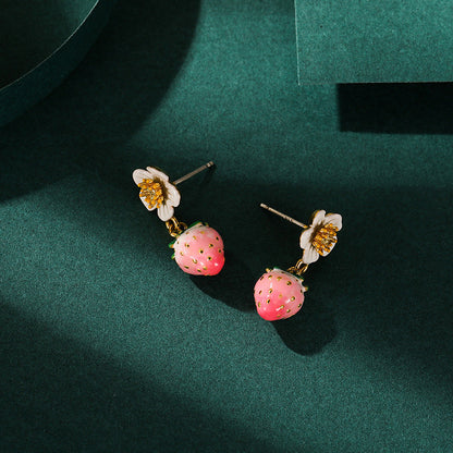 Enamel Strawberry Silver Needle Earrings For Women