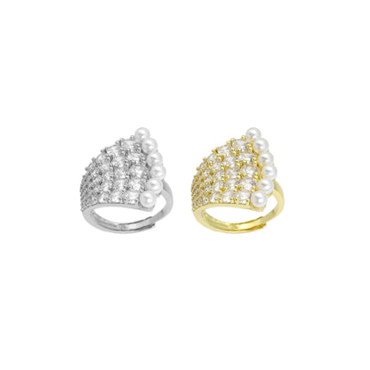 Clear CZ Gold Silver White Pearl Peacock Adjustable Ring, Sku#A186