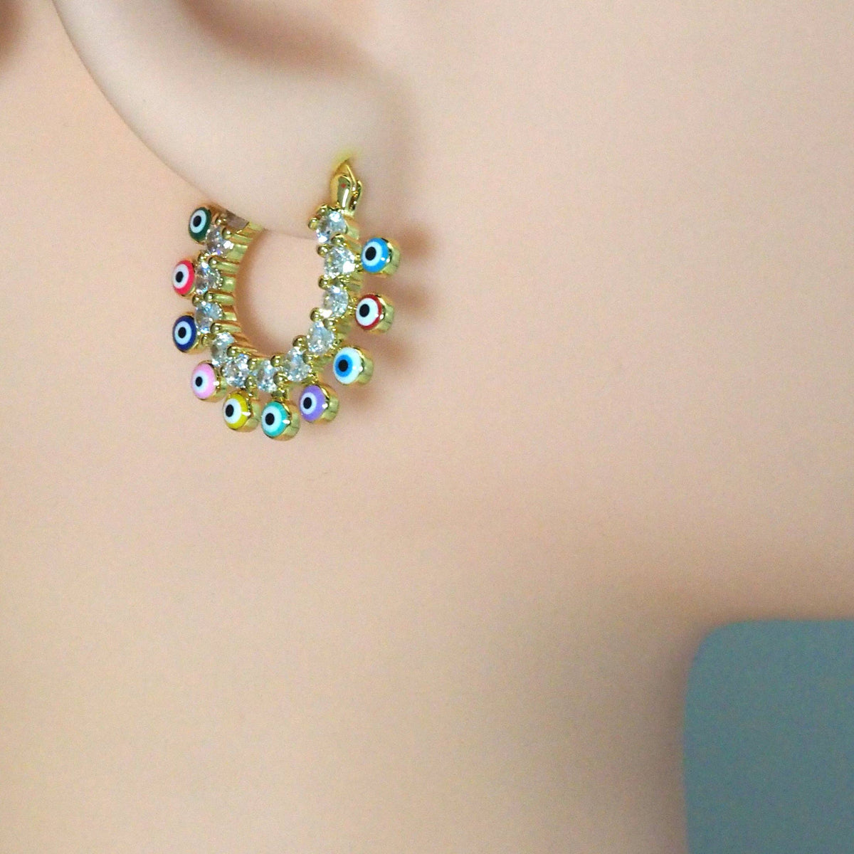 CZ Evil Eye Enamel Round Ring Hoop Earrings, Sku#LD383
