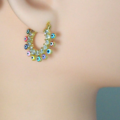 CZ Evil Eye Enamel Round Ring Hoop Earrings, Sku#LD383