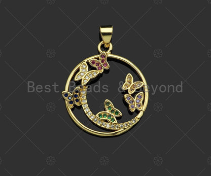 Gold Fillled Colorful CZ Micro Pave Butterfly On Round Ring Shape Pendant, 18K Gold Filled Charm, Necklace Bracelet Pendant,22x26mm,Sku#LD97