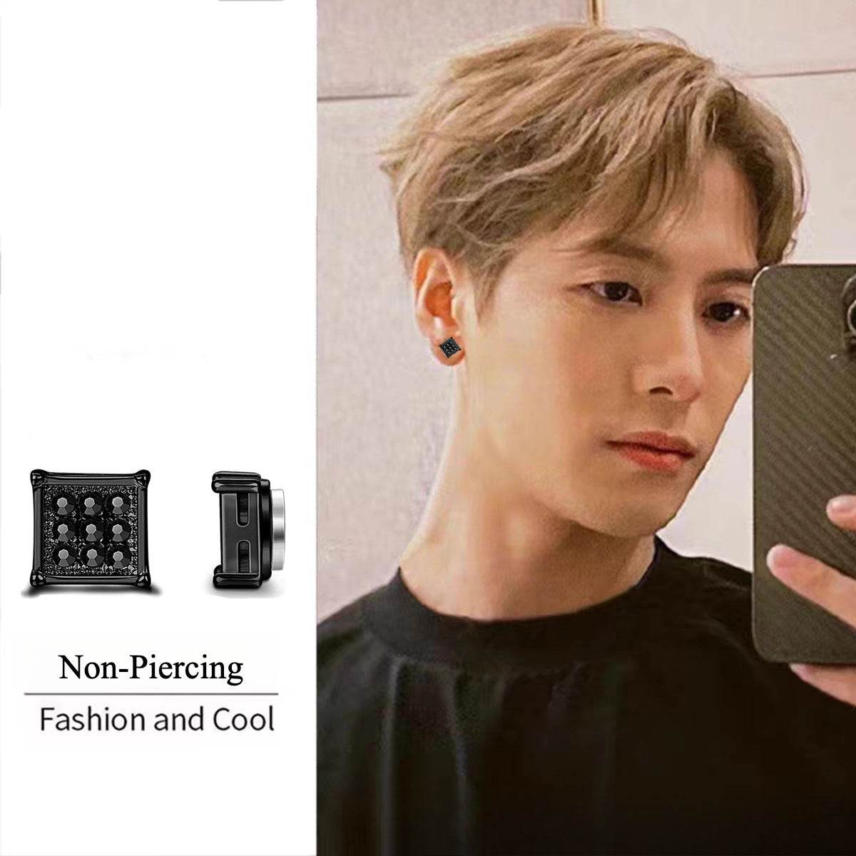 Magnetic Iced Out CZ Square Stud Earrings for Men Women, Non-Piercing Clip On Stainless Steel