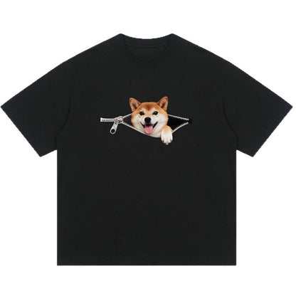 Plus-size Cotton Zip-up Dog-print Casual Summer Couple T-shirts