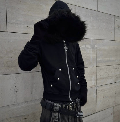 Letter-print Rhinestone-studded Hooded Loose-fit Zip-up Coat For Fallwinter Hip-hop Style