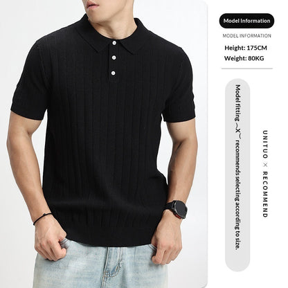 Mens Light-Luxury Rib-Knit Polo Shirt