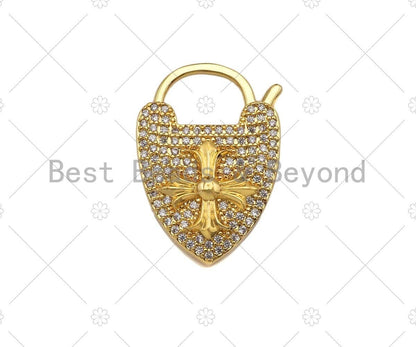 18K Gold Cross On Heart Fancy Lock Clasp, CZ Micro Pave Lock