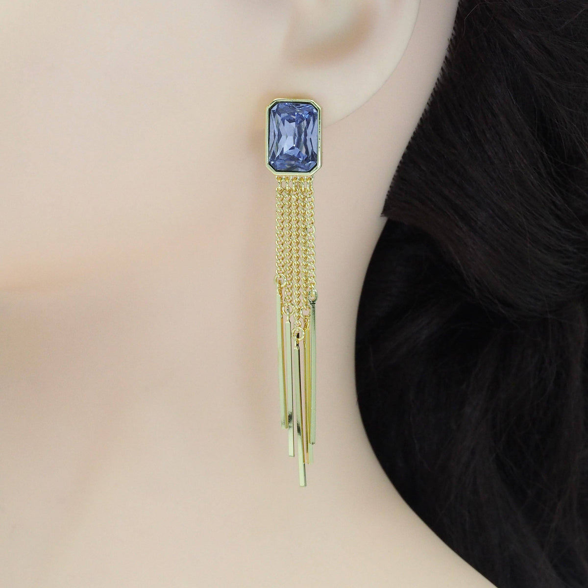 Gold Rectangle CZ With Dangle Link Earrings, Sku#LD467
