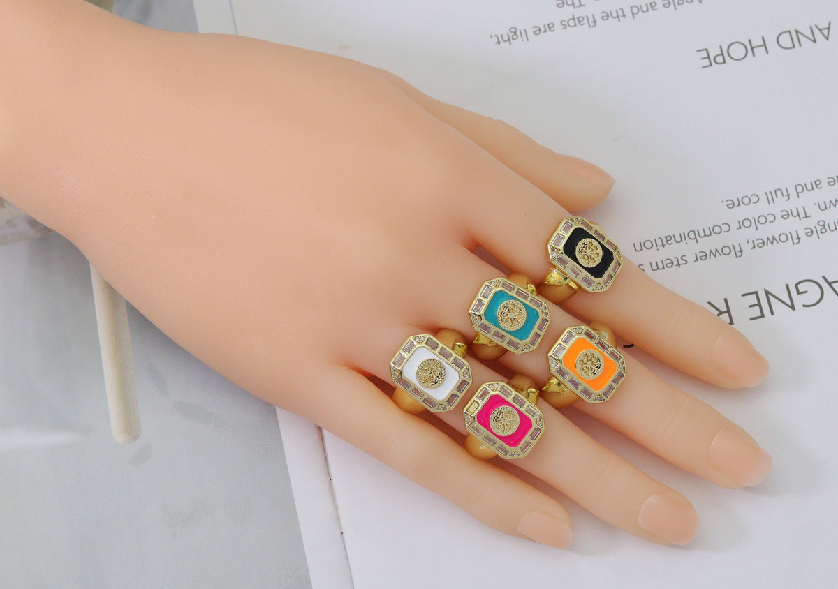 CZ Enamel Flower on Rectangle Adjustable Ring, Sku#X326