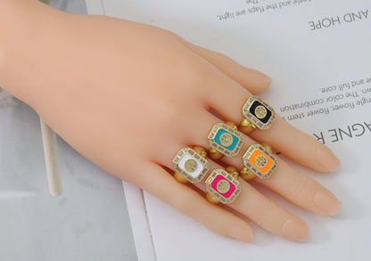 CZ Enamel Flower on Rectangle Adjustable Ring, Sku#X326