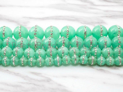 6mm/8mm/10mm/12mm Chrysoprase Jade inlaid with rhinestone,Green Color Beads, Smooth Jade Round Beads, SKU#X1C