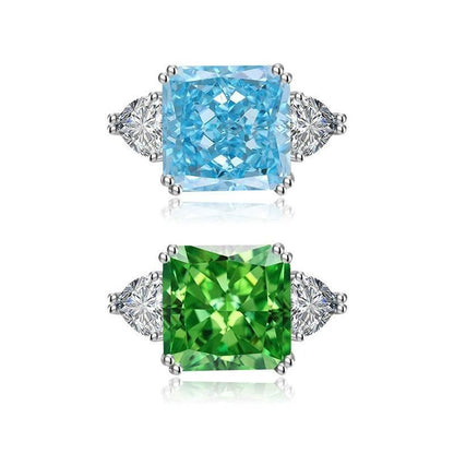Multicolor Ice Flower Cut Square CZ Adjustable Ring, Blue & Green 12*12mm 8A Main Cubic Zirconia, Two Heart Side CZ, Dainty Luxe