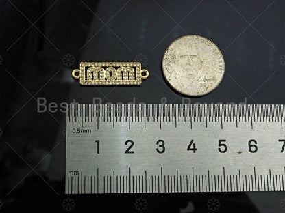Gold Filled CZ Micro Pave Mom Word On Rectangle Shape Connector, 18K Gold Filled Connector, Mother's Day Gift, 25x8mm,Sku#LD112
