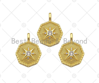 Big CZ Micro Pave North Star On Octagon Shape Pendant/Charm,Dainty Gold/Silver Charm, Necklace Bracelet Charm Pendant,19x25mm, Sku#B127