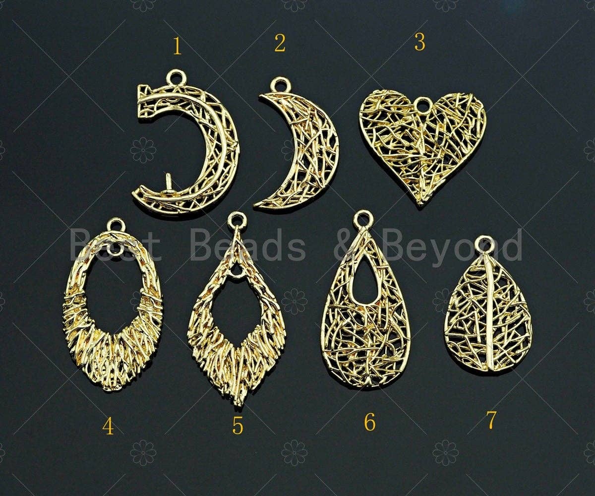 Filigree Gold Lacy Charm, heart/leaf/oval/Teardrop Shape Brushed Gold Twisted Wire Charm Pendants for Earrings necklace making, sku#CP06