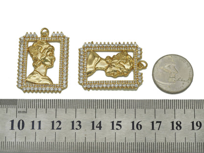 Gold Lady Head On CZ Rectangle Frame Charm, Sku#L673