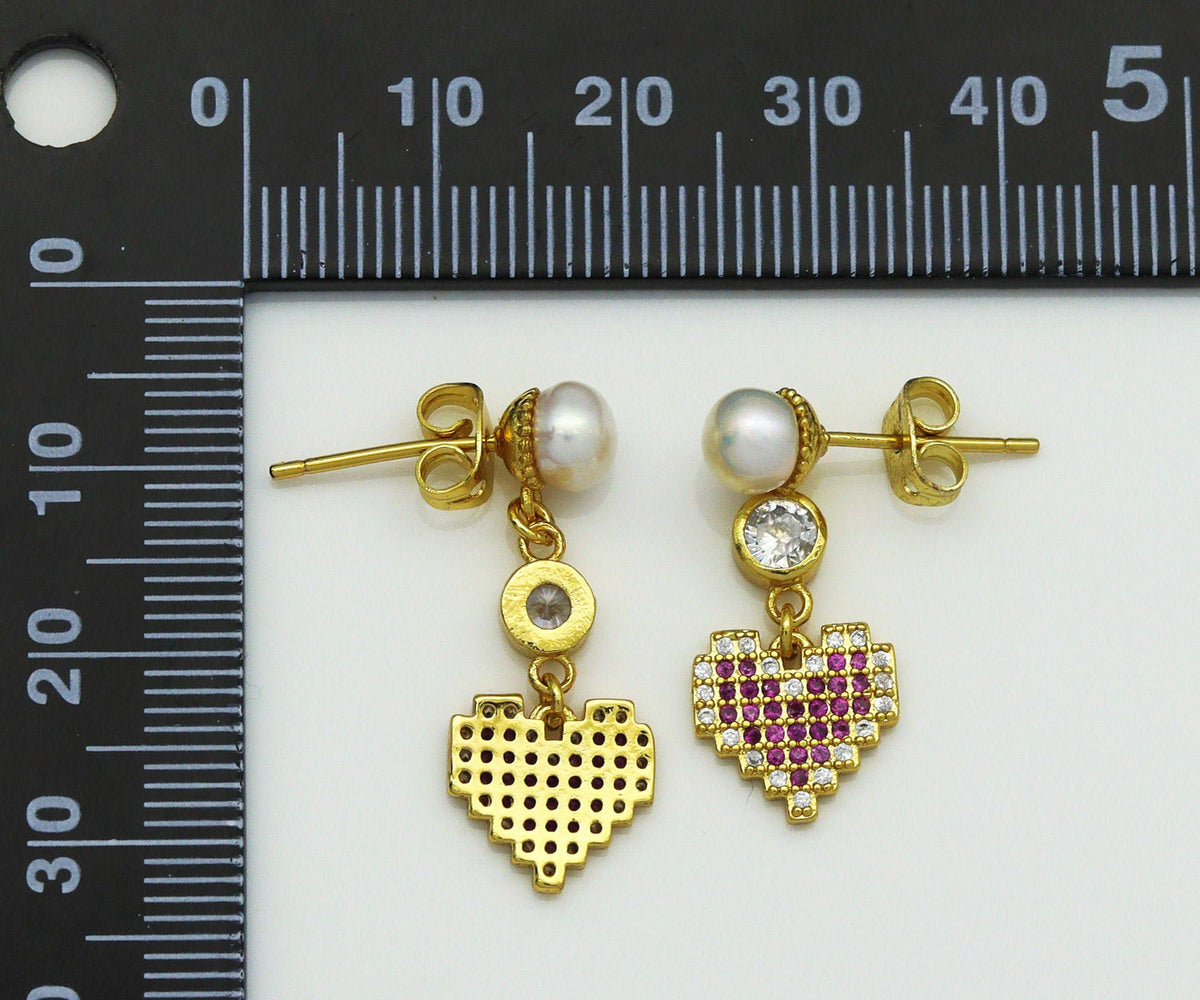 Fuchsia CZ Heart and Pearl Stud Earrings, Sku#LD259