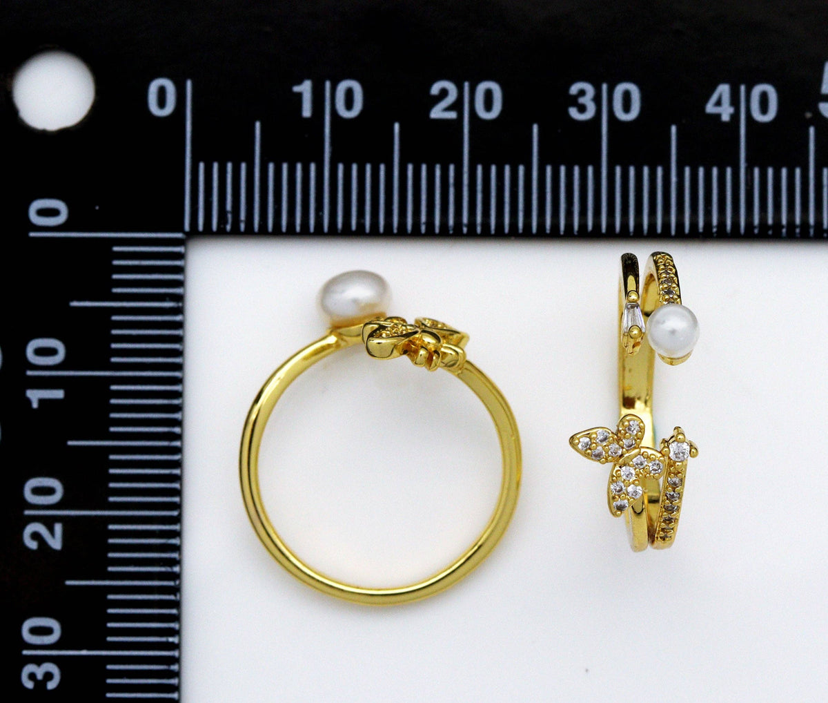 CZ Pave Butterfly Bee Pearl Ring, Sku#LD307