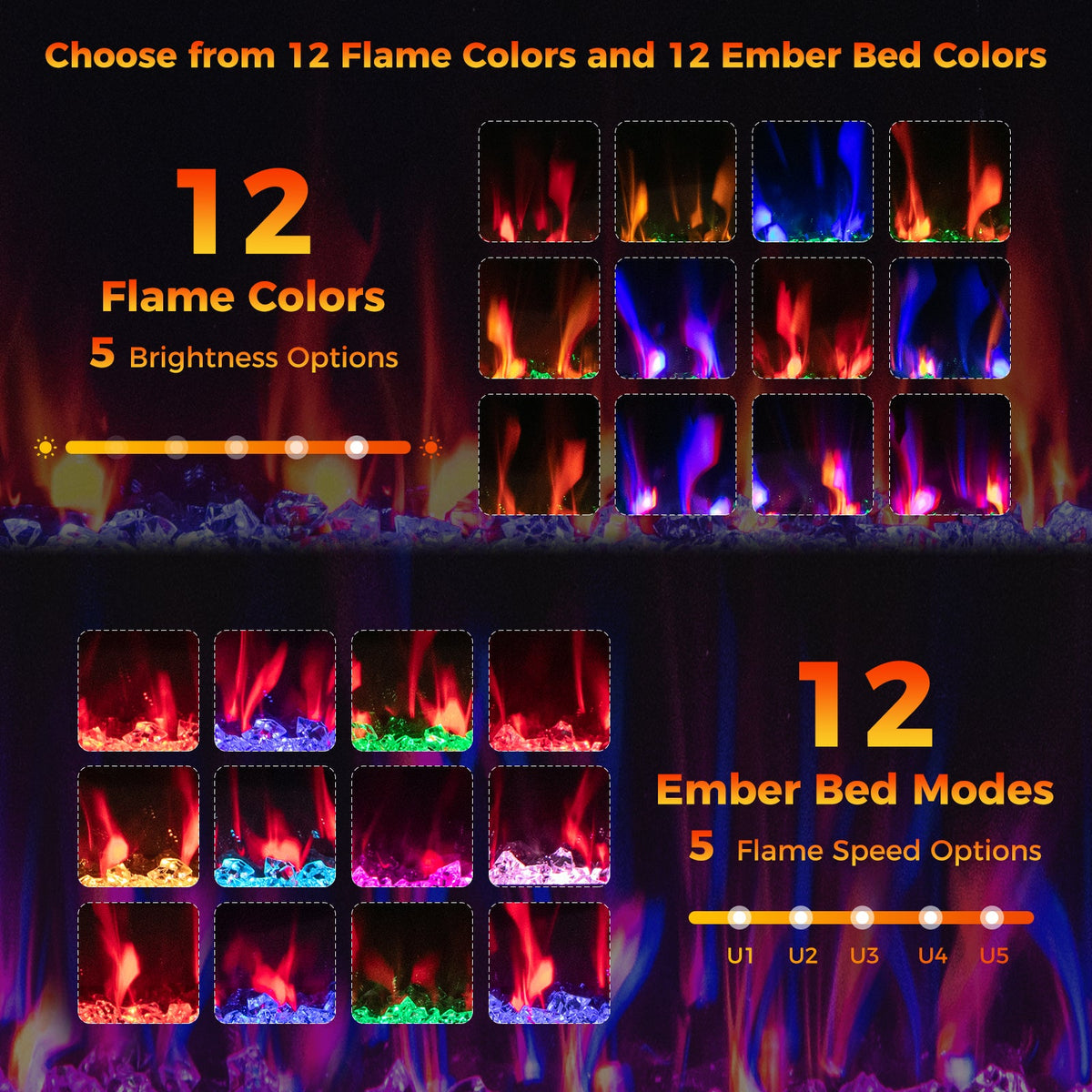 Electric Fireplace 40/50/60 Inches Recessed and Wall Mounted for 2' x 6' Stud