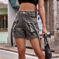 European and American denim work pants, casual pocket shorts elastic waistband for women