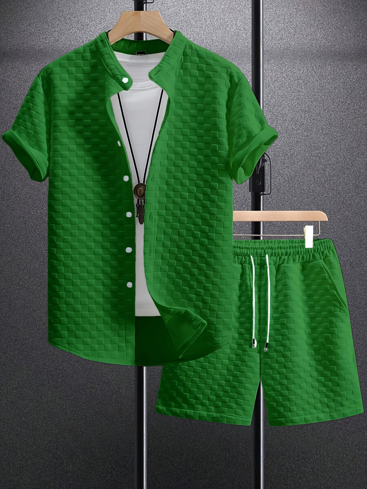 Men's Jacquard Casual Short Sleeve Shirt Outfit