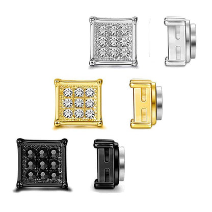 Magnetic Iced Out CZ Square Stud Earrings for Men Women, Non-Piercing Clip On Stainless Steel