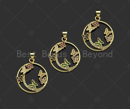 Gold Fillled Colorful CZ Micro Pave Butterfly On Round Ring Shape Pendant, 18K Gold Filled Charm, Necklace Bracelet Pendant,22x26mm,Sku#LD97