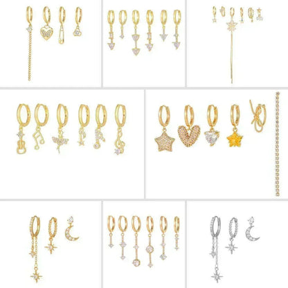 Stacking 5 Pieces Starry Clasp Earring Set, 18k Gold Stud Drop Hoop, S925 Needle, Stacked Lobe Designs with Dazzling Zirconia