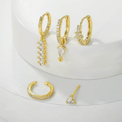 Stacking 5 Pieces Simple Clover Single-Row Serrated Ear Cuff Earring Set, 18k Gold-Plated  Teardrop Zircon Earrings, S925 Needle