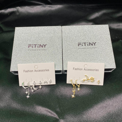 Multi Sets of Chic Star&Moon Earrings, 3-6pcs, 18k Gold Plated Stud Drop Hoop Huggie Cuff Chain, S925 Needle