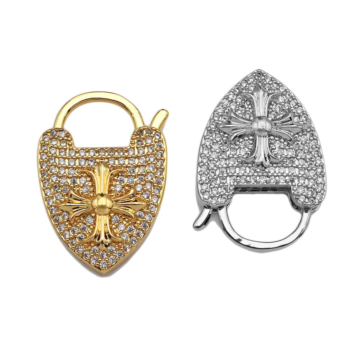 18K Gold Cross On Heart Fancy Lock Clasp, CZ Micro Pave Lock