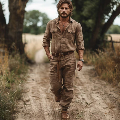 Mens Retro Outdoor One-Piece Trousers With Lapel Collar And Long Sleeves