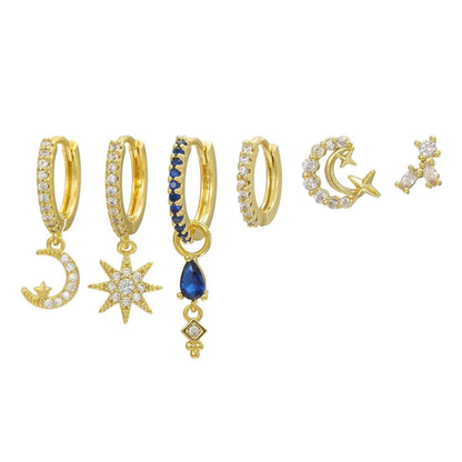 Multi Sets of Blue Flower Pierced Earrings, 4-6pcs, 18k Gold Plated Stud Drop Hoop Huggie Cuff Chain, S925 Needle