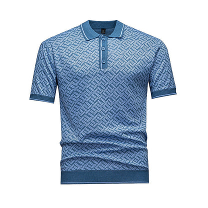 Men's Short Sleeve Knit Polo Shirt, Geometric Interwoven Pattern, Smart Casual, Black & Grey