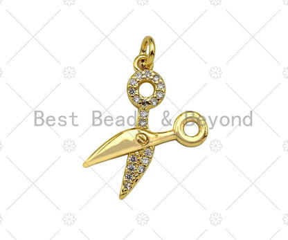 CZ Micro Pave Scissors Shape Pendant,18K Dainty Gold Charm,