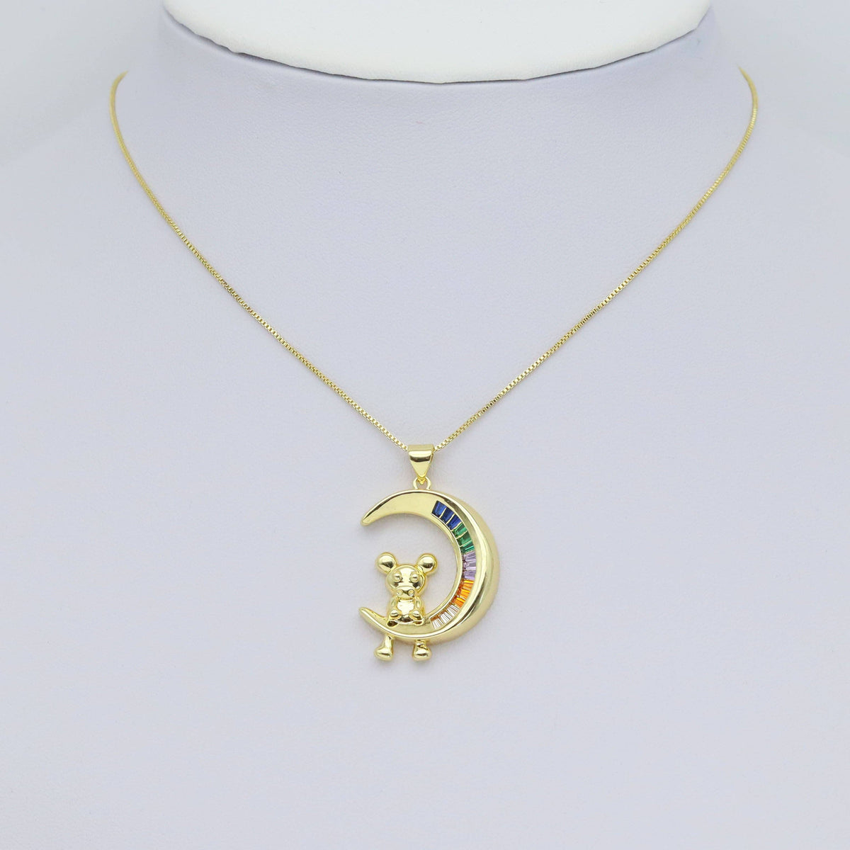 Colorful Baguette CZ Pave Teddy Bear on Cresent Moon Pendant