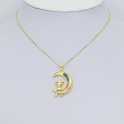 Colorful Baguette CZ Pave Teddy Bear on Cresent Moon Pendant