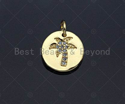 CZ Micro Pave Coconut Tree  on Disc Pendant/Charm, Sku#L320
