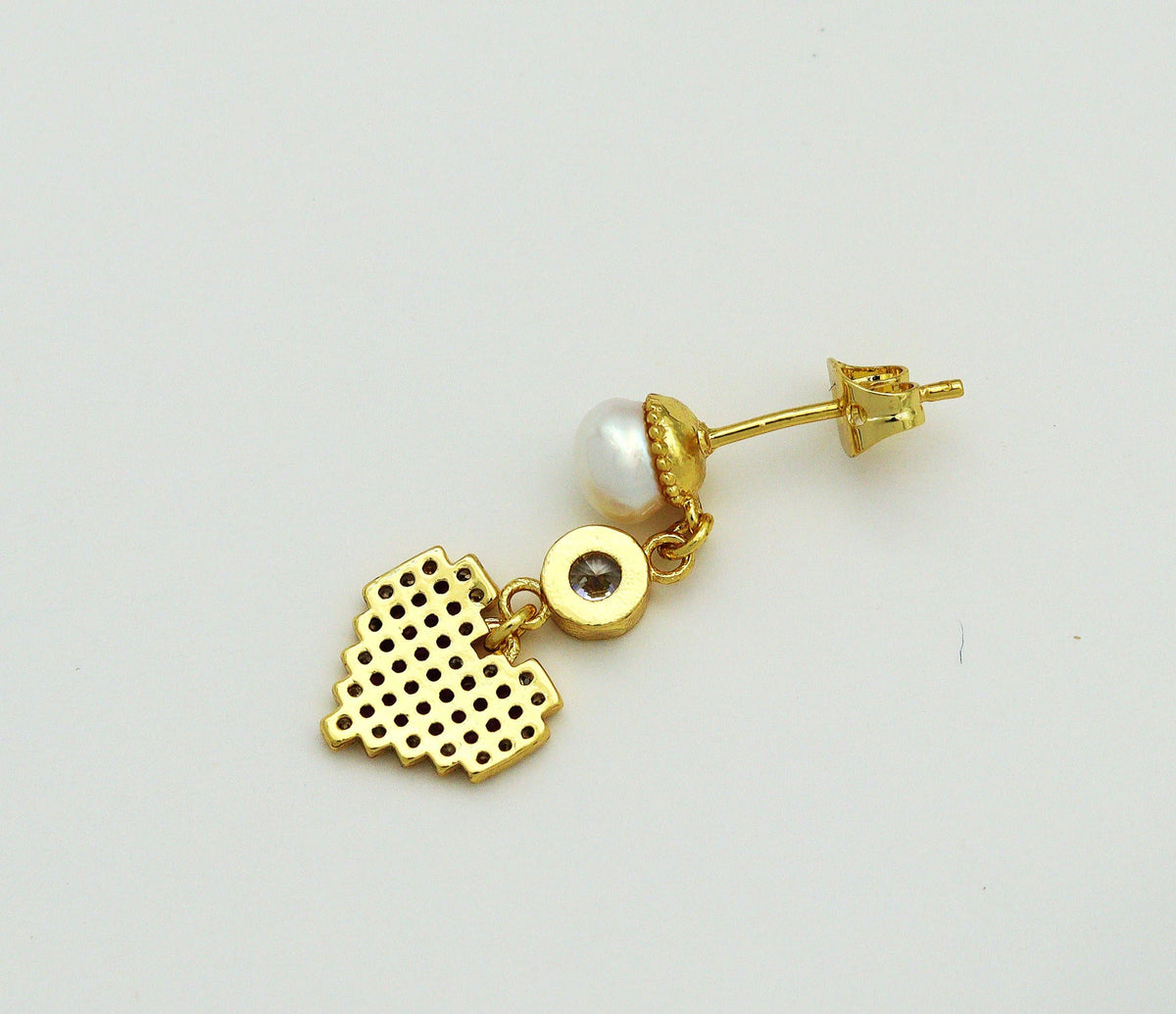 Fuchsia CZ Heart and Pearl Stud Earrings, Sku#LD259