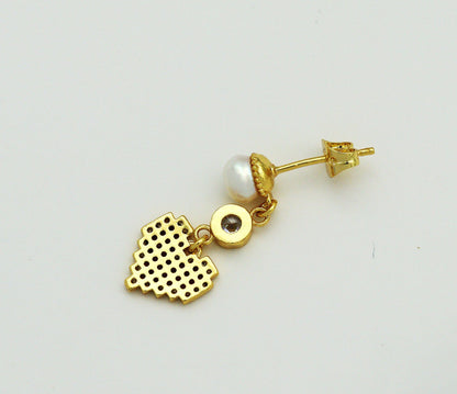 Fuchsia CZ Heart and Pearl Stud Earrings, Sku#LD259