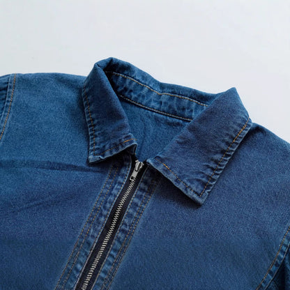 Fashionable retro long sleeved lapel denim shirt top