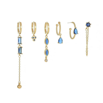 Multi Sets of Blue Flower Pierced Earrings, 4-6pcs, 18k Gold Plated Stud Drop Hoop Huggie Cuff Chain, S925 Needle